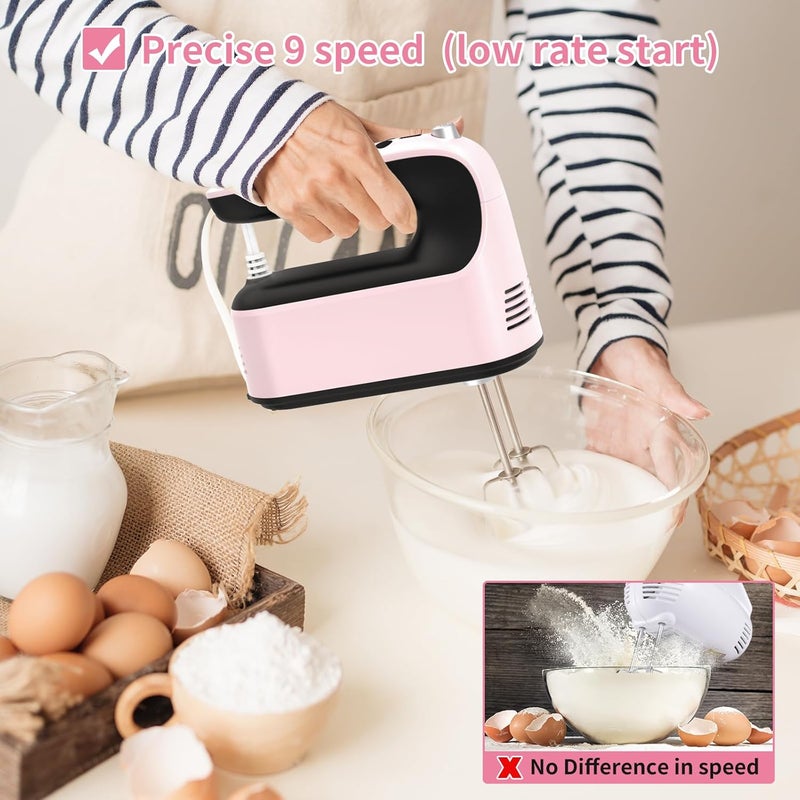 Yomelo 9-Speed Digital Hand Mixer Electric, 400W Powerful DC Motor, Hand Mixer Electric Handheld with Snap-On Storage Case, 5 Stainless Steel Accessories, Beaters, Dough Hooks, Whisk(Pink/Black) - Image 4